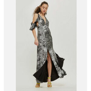 TOPSHOP Silver Metallic Flutter Sleeve Cold Shoulder Dress, 8